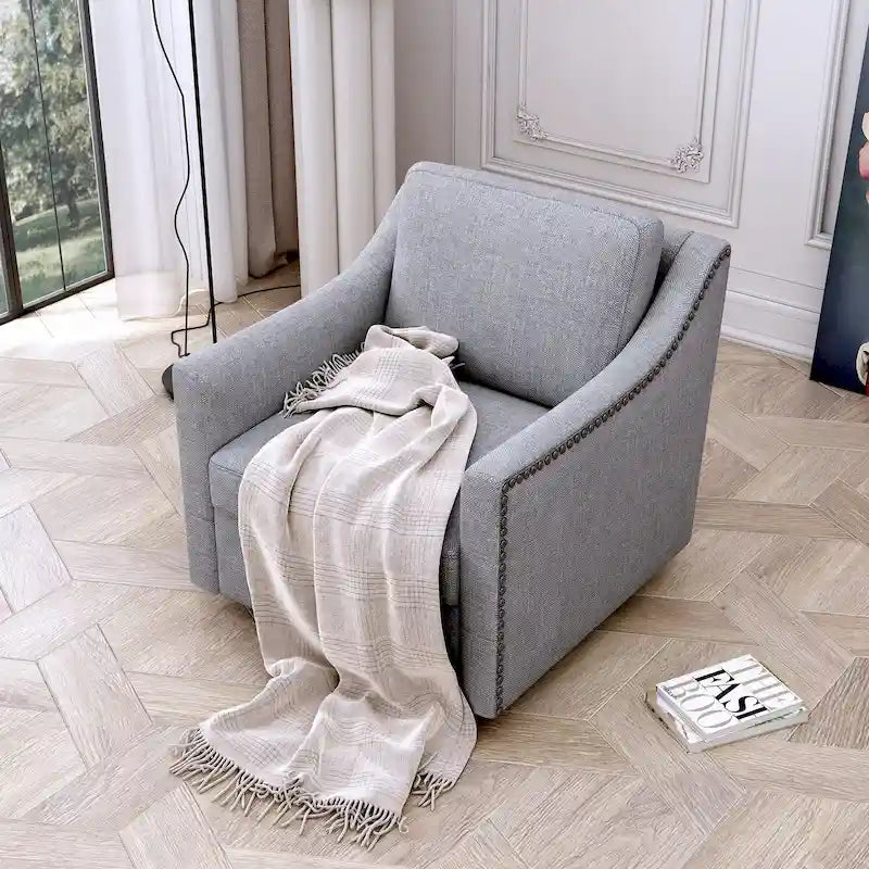 Fauteuil d'appoint pivotant en lin et coton capitonné avec clous décoratifs gris et blanc