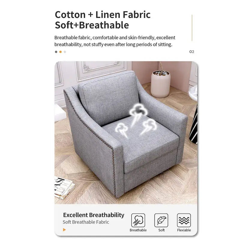 Fauteuil d'appoint pivotant en lin et coton capitonné avec clous décoratifs gris et blanc