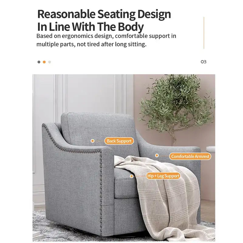 Fauteuil d'appoint pivotant en lin et coton capitonné avec clous décoratifs gris et blanc