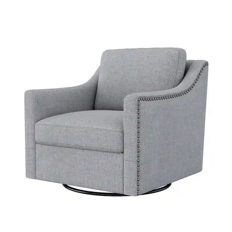 Fauteuil d'appoint pivotant en lin et coton capitonné avec clous décoratifs gris et blanc