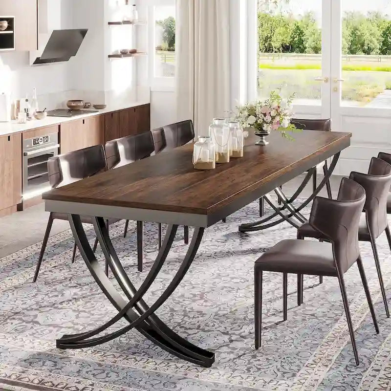 Table à manger rectangulaire en bois brun de 78 pouces avec pieds courbés en métal noir
