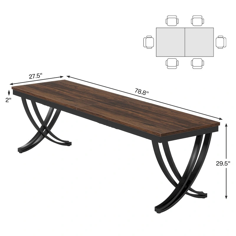 Table à manger rectangulaire en bois brun de 78 pouces avec pieds courbés en métal noir