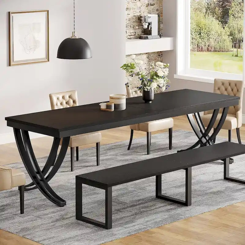 Table à manger rectangulaire en bois brun de 78 pouces avec pieds courbés en métal noir