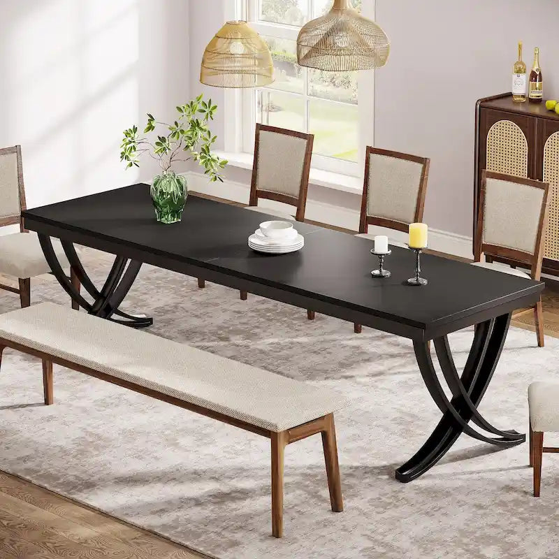 Table à manger rectangulaire en bois brun de 78 pouces avec pieds courbés en métal noir