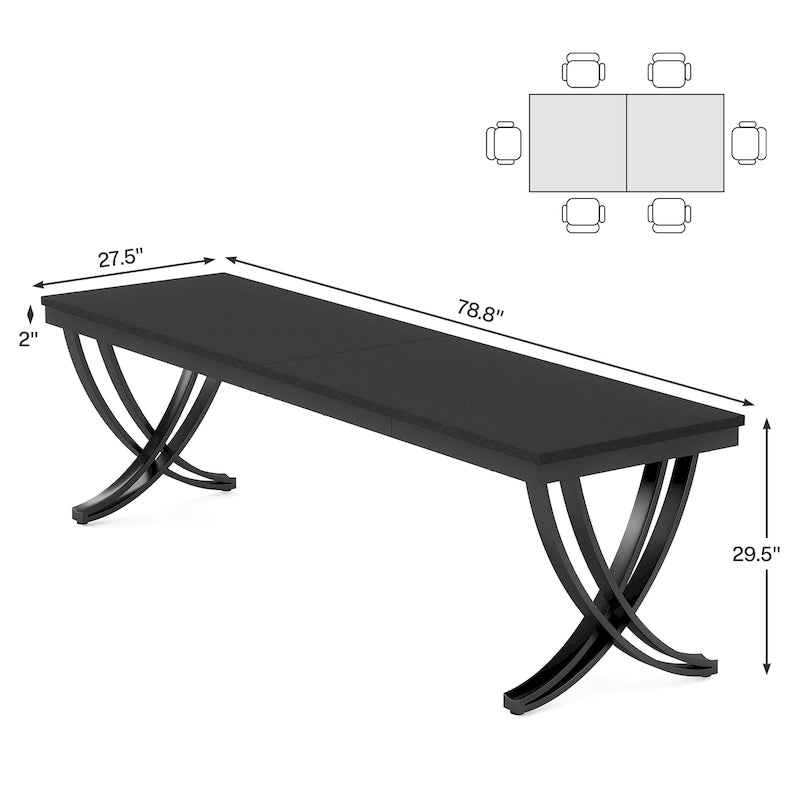 Table à manger rectangulaire en bois brun de 78 pouces avec pieds courbés en métal noir
