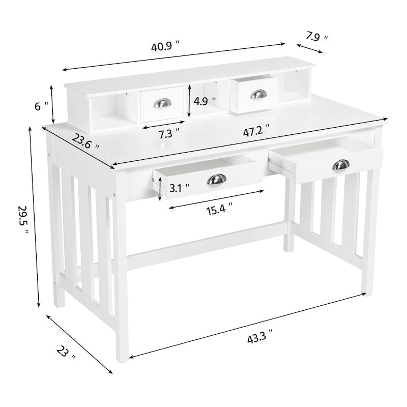 Bureau blanc avec organiseur hutch, 4 tiroirs et pieds en bois de pin