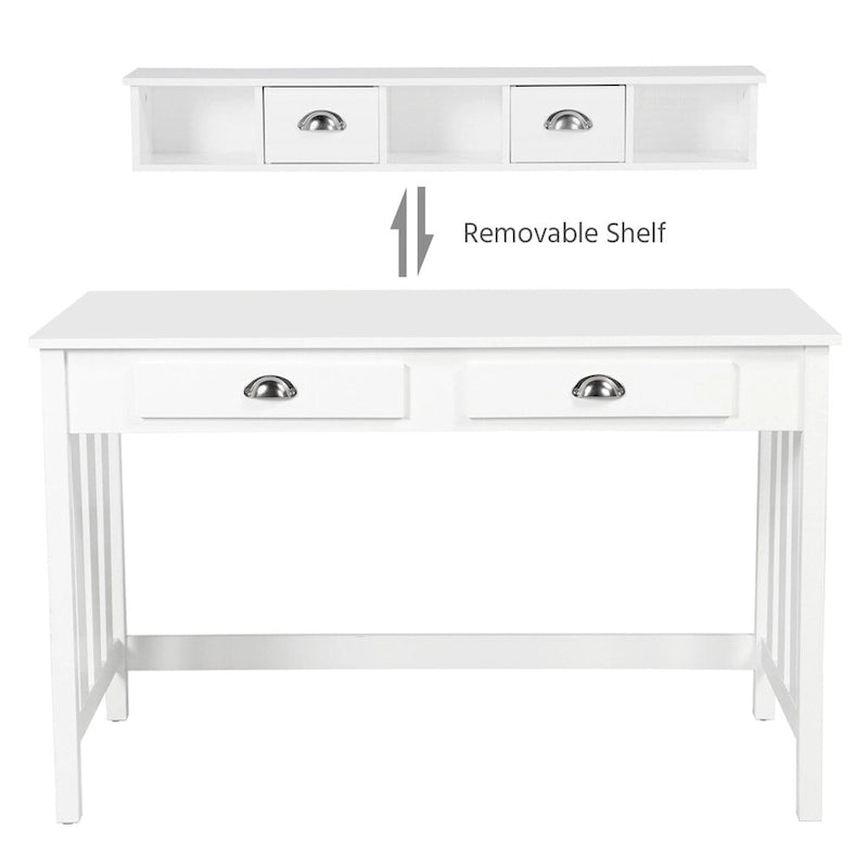 Bureau blanc avec organiseur hutch, 4 tiroirs et pieds en bois de pin