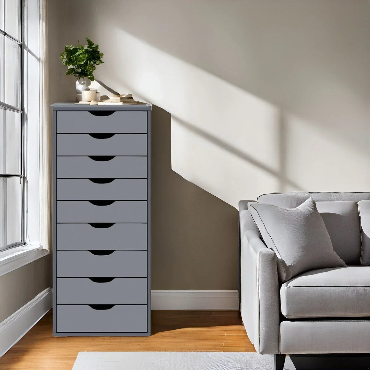 Meuble étroit en bois à 9 tiroirs avec coulisses fluides et étagère de rangement supérieure